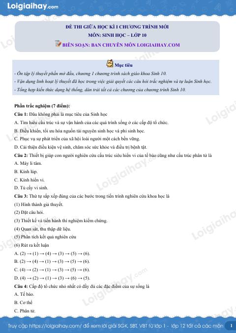 Đề thi giữa kì 1 Sinh 10 Cánh diều - Đề số 7